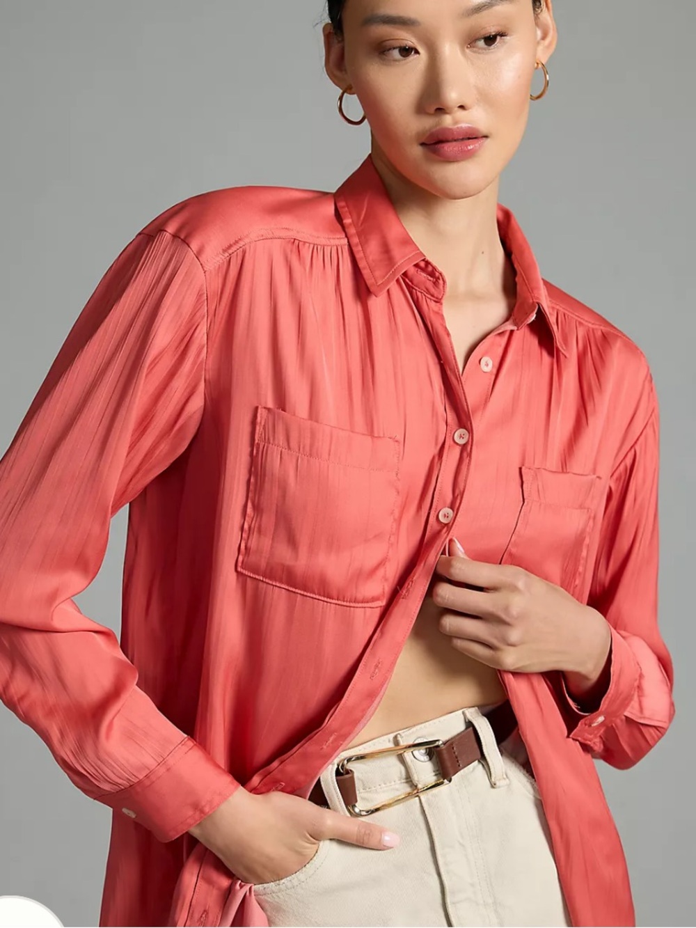 Anthropologie Coral-Red Relaxed Button-Down Shirt